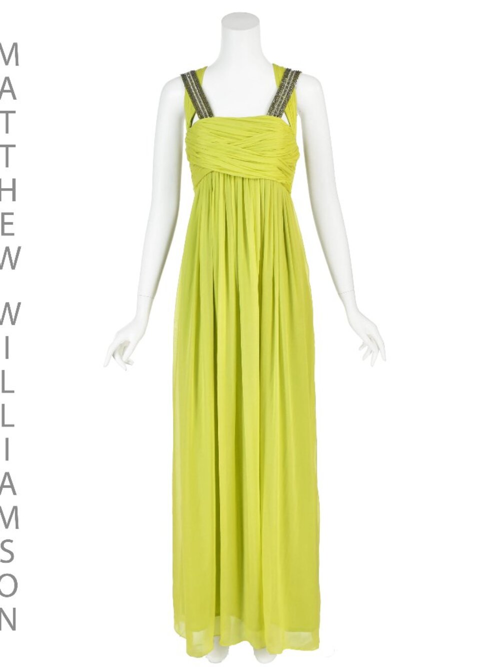 MATTHEW WILLIAMSON Chartreuse Silk Gauze Evening Gown w/Beaded Straps SZ 4